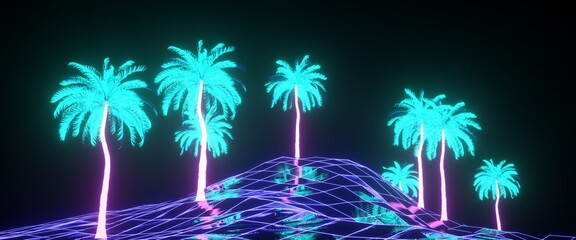 Fototapeta na wymiar Glowing neon palms reflecting on a blue wireframe mountain. Scene in a cyberpunk style. 3D illustration. Glowing triangular surface. Futuristic wallpaper in style of 80's. Synthwave stylization.