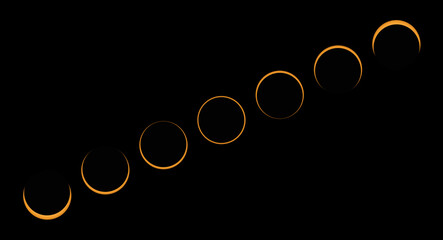 Annular solar eclipse phases composite panorama during Totality , moon covers the sun's visible...