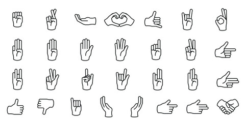 hand gesture set thin outline icons isolated on white background.