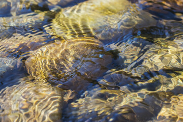 River stones close-up under a layer of clear running water with ripples. Natural textures in bright sunlight.