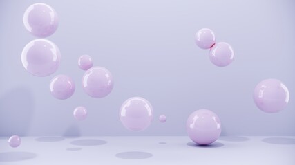 Abstract purple balls for party, festival, celebration. Group of balls, bubbles on pastel  background. Digital, trend banner with conceptual composition with copy space - 3D, render, graphic design.