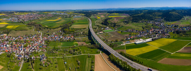 Aerial view of the villages Renfrizhausen, Empfingen and Mühlheim am Neckar in spring during the coronavirus lockdown.
