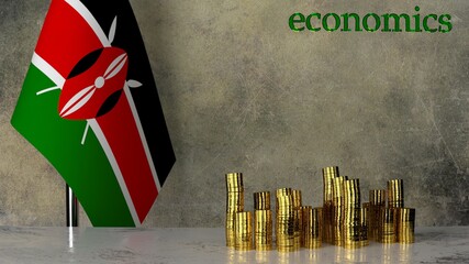 Piles of gold coins on a marble table against the background of the flag of Kenya. 3D rendering