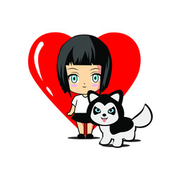vector illustration anime manga korean chibi cute girl and red heart and cute dog husky