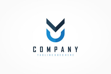 Shield Military Letter M and U Logo. Black Blue Geometric Style isolated on White Background. Flat Vector Logo Design Template Element