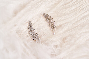 Silver brooch in the shape of a feather, with small diamonds isolated on a delicate background of feathers. 