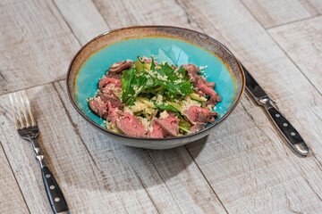 Tasty and healthy salad with roast beef