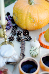Mulled wine bake and a beautifully decorated table in the style of rutsik or boho. Autumn decoration with pumpkin on the table. autumn picnic decor. 
Pumpkin, mulled wine extract, bumps in nature