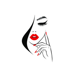 Beautiful woman face with red lips, lush eyelashes, hand with red manicure nails, black hair, stylish hairstyle. Beauty Logo. Nail art studio. Hair studio. Wallpaper background. Vector illustration.