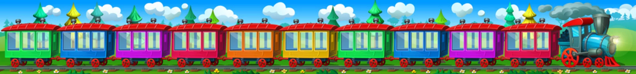 Foto op Canvas Frames for photos. Passenger train with colorful railway carriages. Vector illustration. © Vladislav K