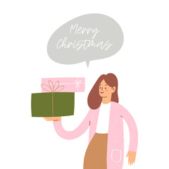 Young women carrying festive gifts, presents with purchases with speech bubbles. Pretty Girl taking part in seasonal Christmas sale, Black Friday at store, shop, mall. Cartoon vector characters