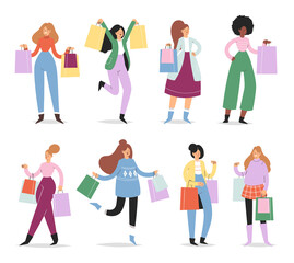 Collection of young women carrying paper shopping bags with purchases. Happy girls set taking part in seasonal sale, Black friday at store, shop, mall. Cartoon characters isolated on white background