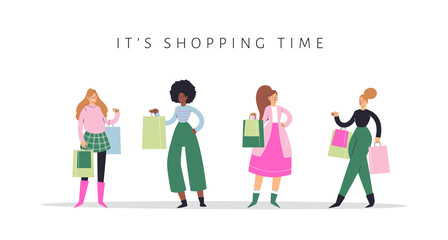 Collection of young women carrying paper shopping bags with purchases. Happy girls set taking part in seasonal sale, Black friday at store, shop, mall. Cartoon characters isolated on white background