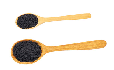 black caraway seed on a wooden spoon isolated on white background , top view.