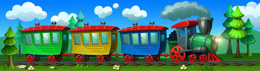 Passenger train with colorful railway carriages. Cartoon locomotive in the forest. Vector illustration. © Vladislav K