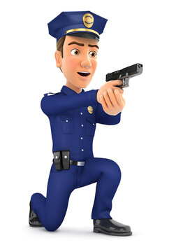 3d policeman standing on one knee with gun