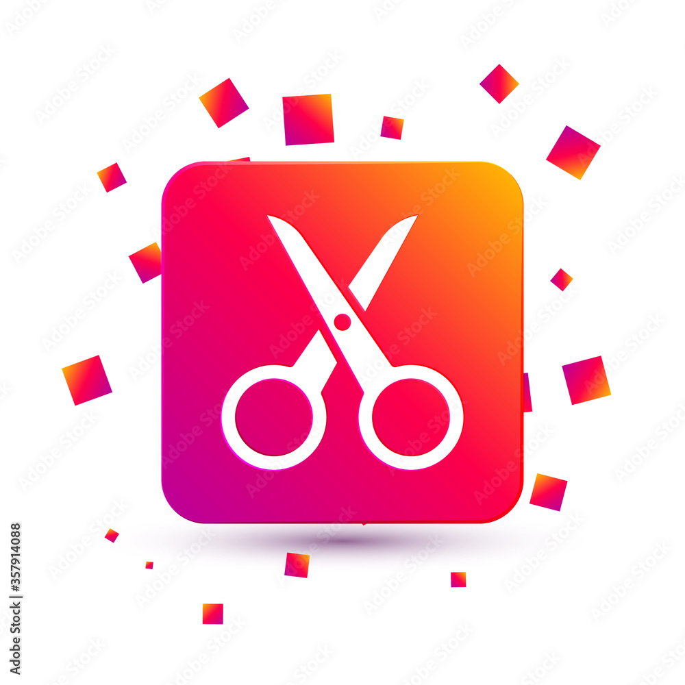 Poster white scissors icon isolated on white background. cutting tool sign. square color button. vector ill