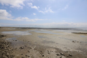 Beautiful panoramic view over the Sea at very low tide with a blue sky.