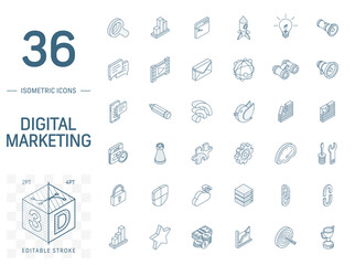 Isometric line art icon set. Vector illustration with SEO optimization symbols. Digital network, analytics, social media traffic and market graph pictogram. 3d technical drawing. Editable stroke