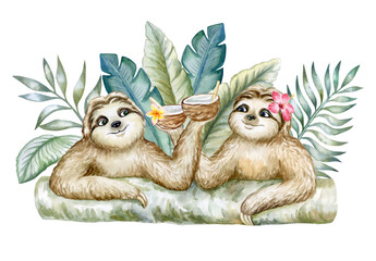 Sloths in the jungle with tropical leaves. Cute animals drink a cocktail with coconuts isolated on white background. Loving couple with glasses of drink. A party. Template. Illustration. Watercolor.  © Yuliia