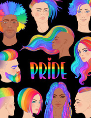 Rainbow people. LGBT poster design. Gay Pride. LGBTQ ad divercity concept. Isolated vector colorful illustration. Sticker, patch, t-shirt print, greeting card, banner.