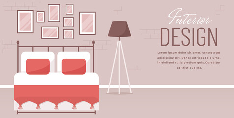 Bedroom interior design. Vector banner with place for text.