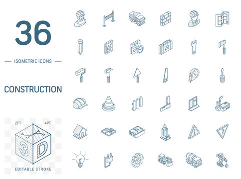 Isometric line art icon set. Vector illustration with construction, industrial, architectural, engineering symbols. Home repair tools, worker, building pictogram. 3d technical drawing. Editable stroke