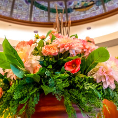 Square frame Beautiful potted colorful flowers with leaves under stained glass dome roof