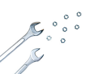 Spanners and screw nuts isolated on white background