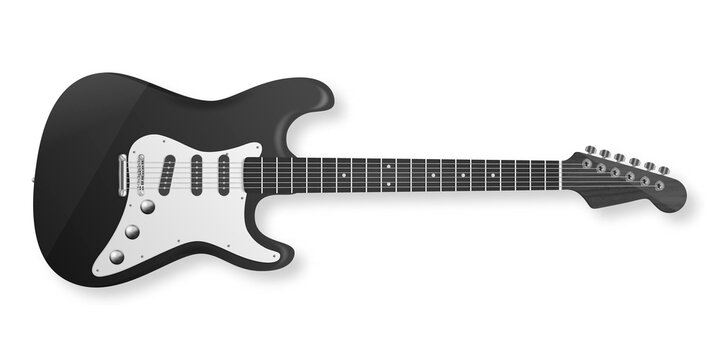 Vector 3d Realistic White and Black Classic Old Retro Electro Wooden Guitar Icon Closeup Isolated on White Background. Design Template, Mockup, Clipart. Musical Art Concept. Top View