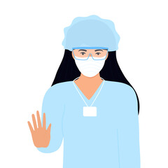 COVID-19. Coronavirus epidemic. doctor in protective medical mask. Stop virus concept. A woman shows a gesture of stop. Female lab worker. Nurse. Laboratory assistant
