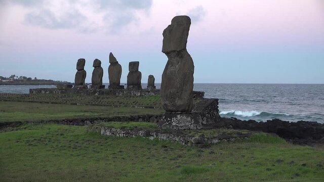Chile. Easter Island. Stone statues on the Pacific coast