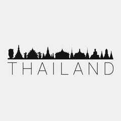 Thailand Skyline Silhouette City. Design Vector. Famous Monuments Tourism Travel. Buildings Tour Landmark.