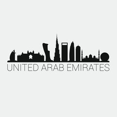 Naklejka premium United Arab Emirates Skyline Silhouette City. Design Vector. Famous Monuments Tourism Travel. Buildings Tour Landmark.