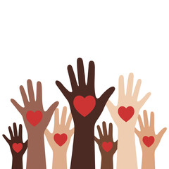 Raised up hands. Black lives matter illustration. Motivational poster against racism and discrimination. Vector.