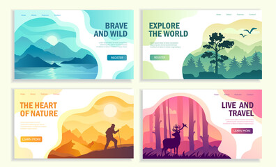Four different travel templates with assorted text showing coastal tropical island, forest, hiking in summer and deer in a forest with copy space, colored vector illustration