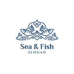 Ornamental Sea and Fish Logo Line Style, suitable for company that concern in fish conservation, ecology, aquatic animal, and other
