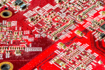 Red printed curcuit board PCB for computer components with electronic elements