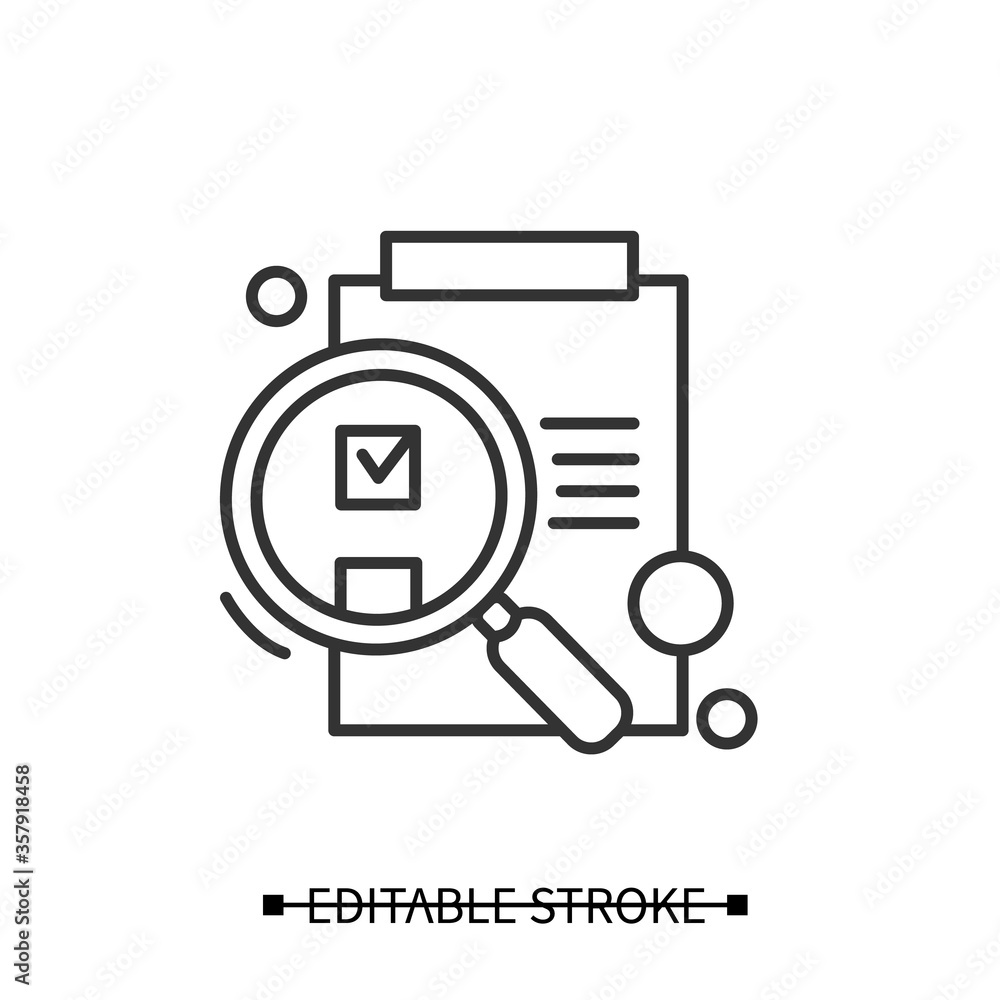 Poster idea evaluation icon. paper on clipboard under magnifying glass linear pictogram. research stage of 