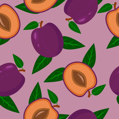 Plum seamless pattern. Summer vector background with plum and leaves on a violet background. For design of fabrics, packaging and wallpapers.