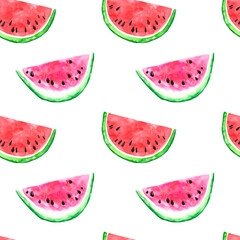 Watercolor hand painted watermelon slice seamless pattern. Summer tropical fruits background. Fresh eco food hand painted print. Vacation vibes illustration
