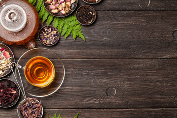 Various herbal tea, teapot and cup