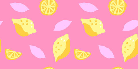 Seamless lemon leaf vector pattern. Cute citrus summer fruit and slices for wallpaper textile fabric designs. Cute vector illustrations in hand drawn style