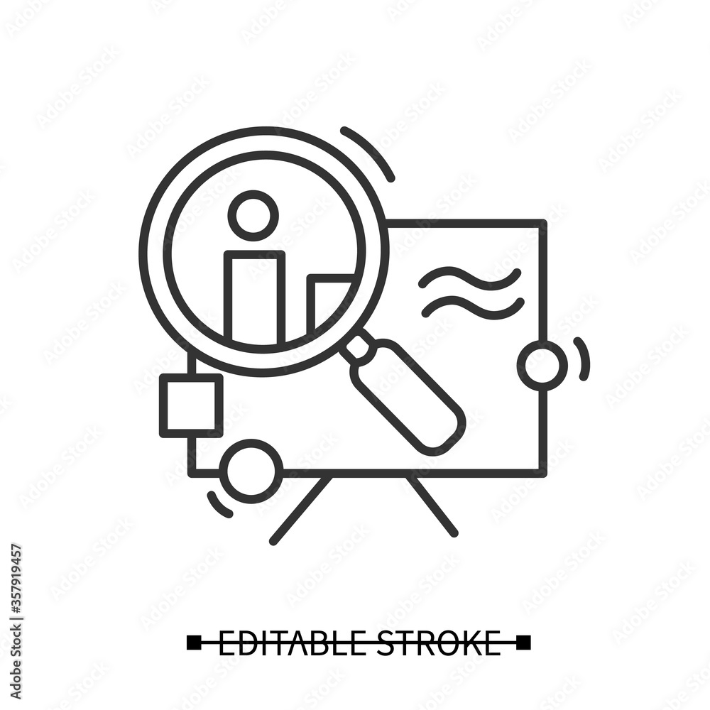 Poster research icon. magnifier over data linear pictogram concept of project design, product analytics and