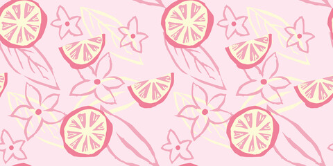 Seamless lemon vector pattern. Cute citrus summer fruit slices fruit flower floral for wallpaper textile fabric designs. Cute vector illustrations in hand drawn style