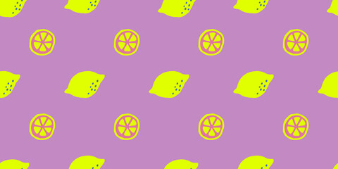 Seamless lemon vector pattern. Cute citrus summer fruit and slices for wallpaper textile fabric designs. Cute vector illustrations in hand drawn style