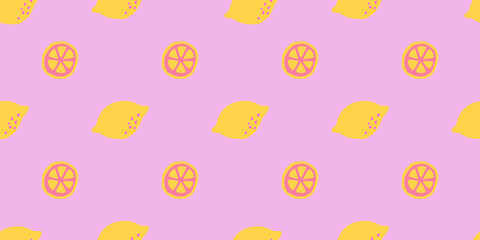 Seamless lemon vector pattern. Cute citrus summer fruit and slices for wallpaper textile fabric designs. Cute vector illustrations in hand drawn style