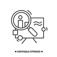 Research icon. Magnifier over data linear pictogram Concept of project design, product analytics and technical solution choice. Editable stroke vector illustration for web and creative industry