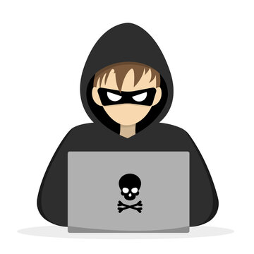 Hacker with laptop computer try to steal passwords and confidential data.