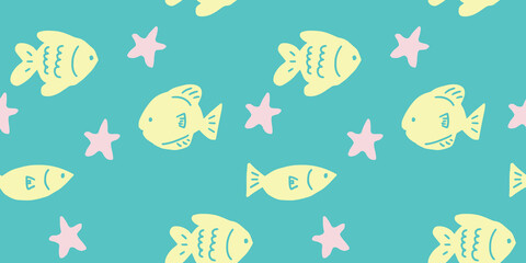 Vector seamless pattern with hand drawn fish designs with starfish, sea vacation tropical